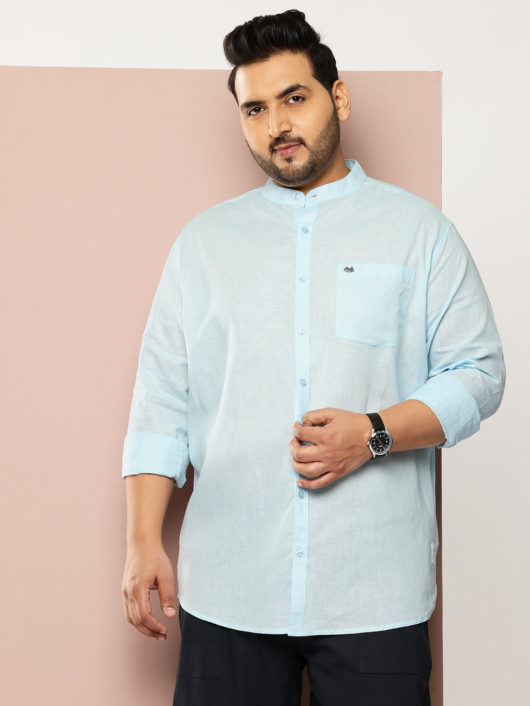 Thomas Scott Men Sky Blue Premium Plus Size Regular Fit Long Sleeves Band Collar Solid Cotton Linen Casual Shirt