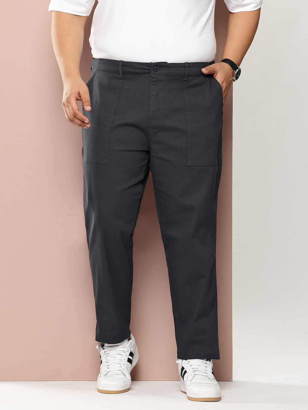 Thomas Scott Men Dark Grey Plus Size Smart Easy Wash Regular Fit Mid-Rise Solid Woven Trouser
