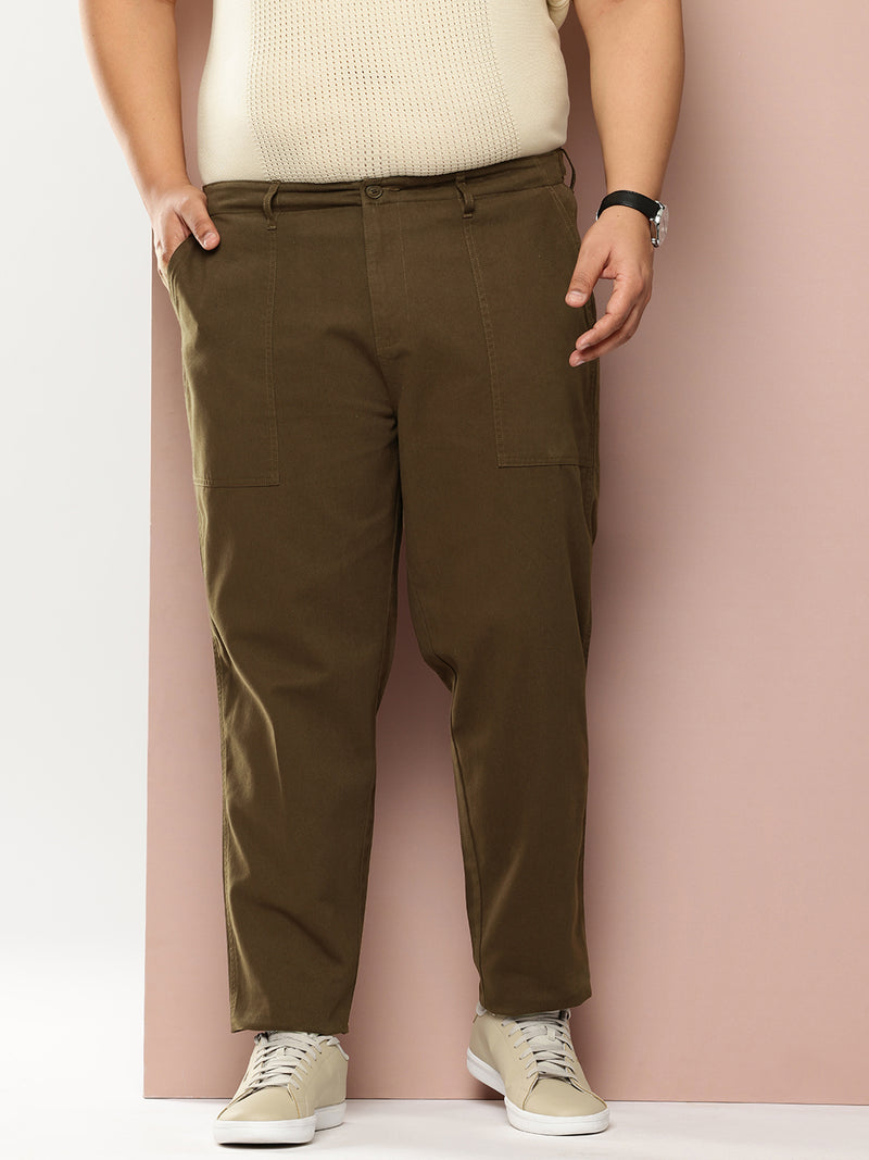 Thomas Scott Men Dark Olive Plus Size Smart Easy Wash Regular Fit Mid-Rise Solid Woven Trouser