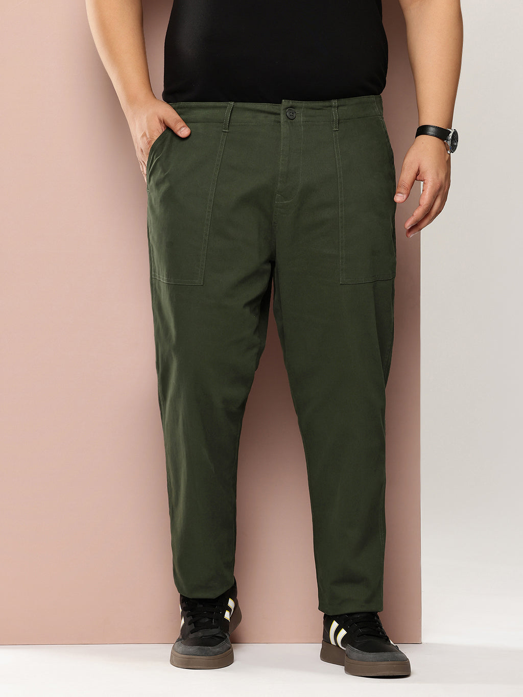 Thomas Scott Men Green Plus Size Smart Easy Wash Regular Fit Mid-Rise Solid Woven Trouser