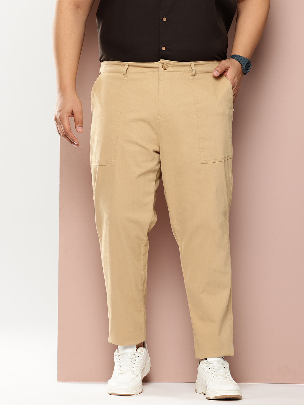 Thomas Scott Men Khaki Plus Size Smart Easy Wash Regular Fit Mid-Rise Solid Woven Trouser