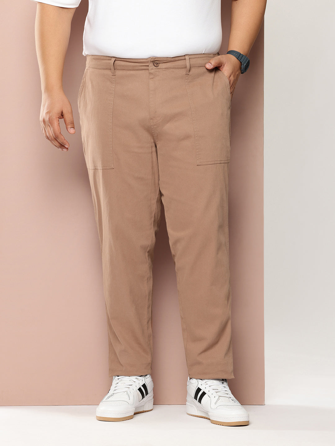 Thomas Scott Men Tan Plus Size Smart Easy Wash Regular Fit Mid-Rise Solid Woven Trouser