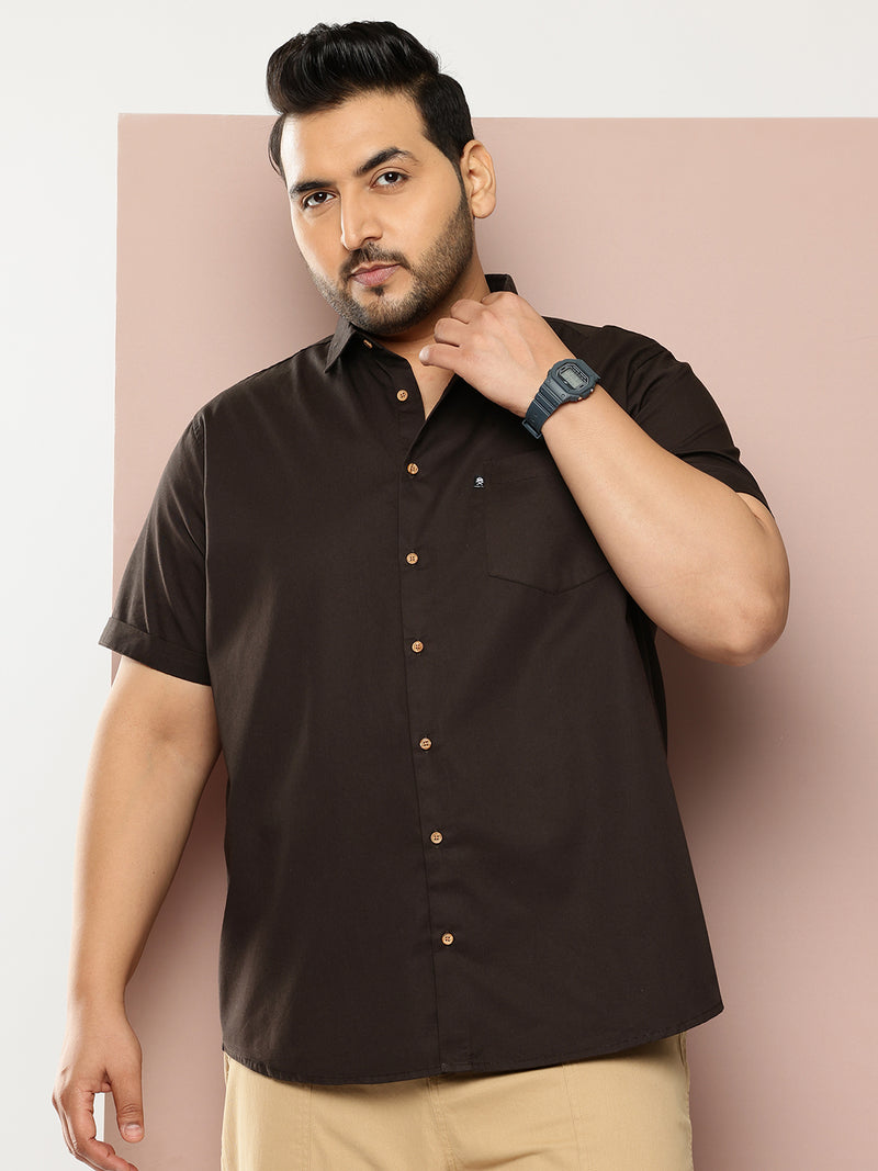 Thomas Scott Men Coffee Premium Plus Size Regular Fit Short Sleeves Spread Collar Solid Casual Shirt