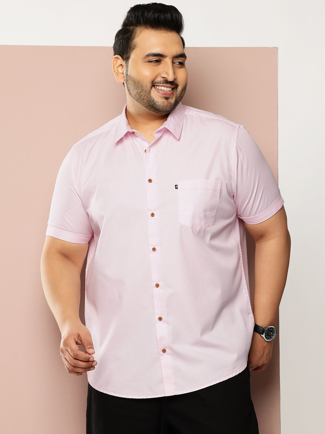 Thomas Scott Men Pink Premium Plus Size Regular Fit Short Sleeves Spread Collar Solid Casual Shirt