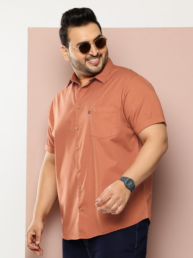 Thomas Scott Men Rust Premium Plus Size Regular Fit Short Sleeves Spread Collar Solid Casual Shirt
