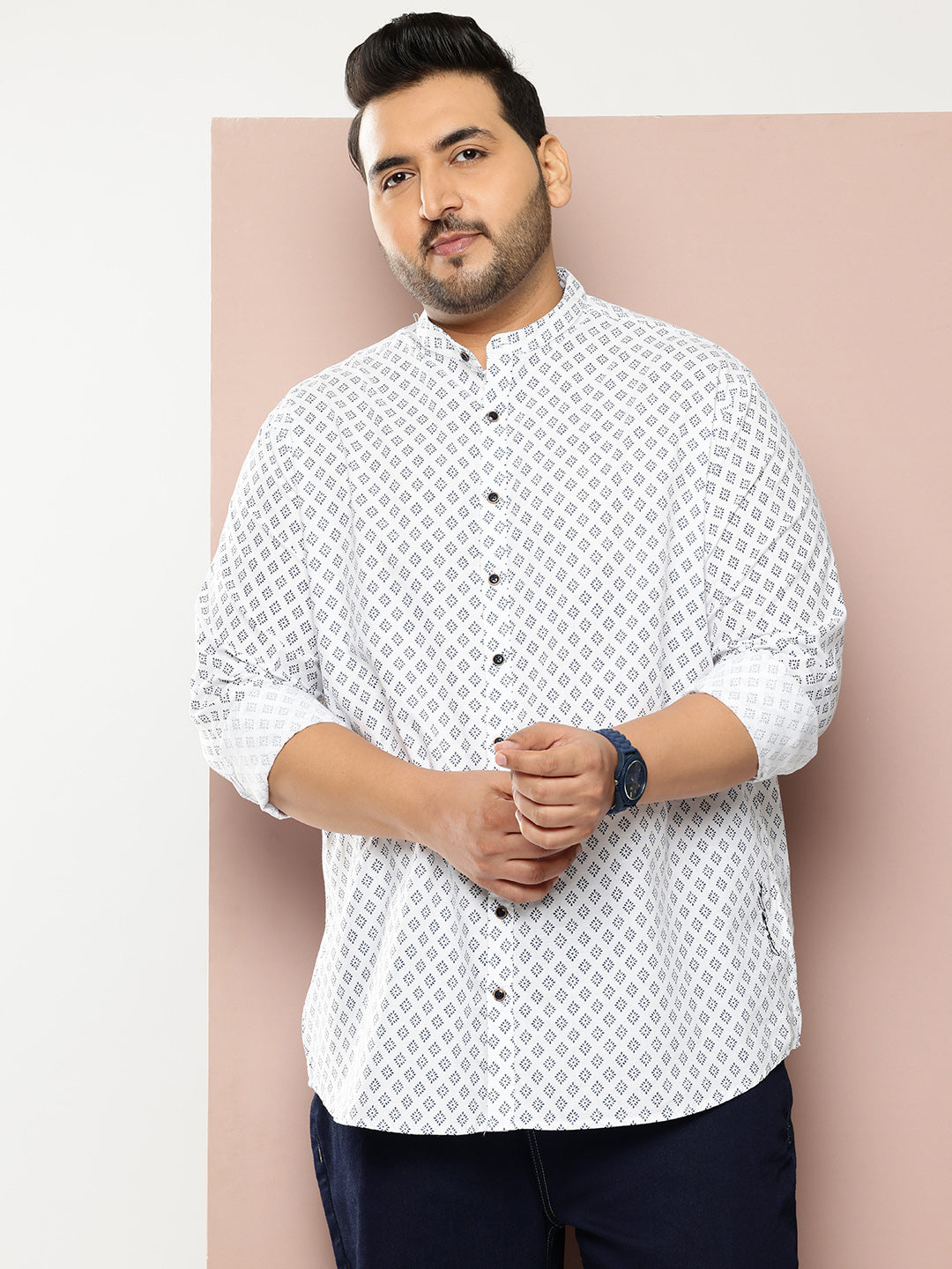 Thomas Scott Men White Premium Plus Size Regular Fit Long Sleeves Geometric Print Cotton Linen Casual Shirt