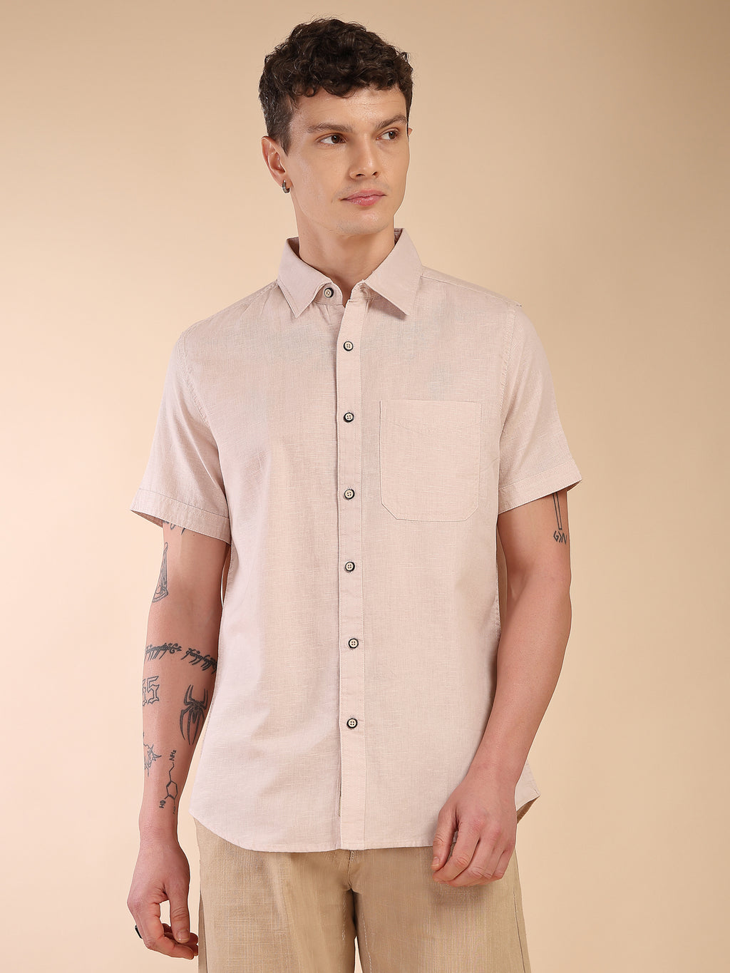 Thomas Scott Men Beige Regular Fit Short Sleeves Spread Collar Linen Casual Shirt
