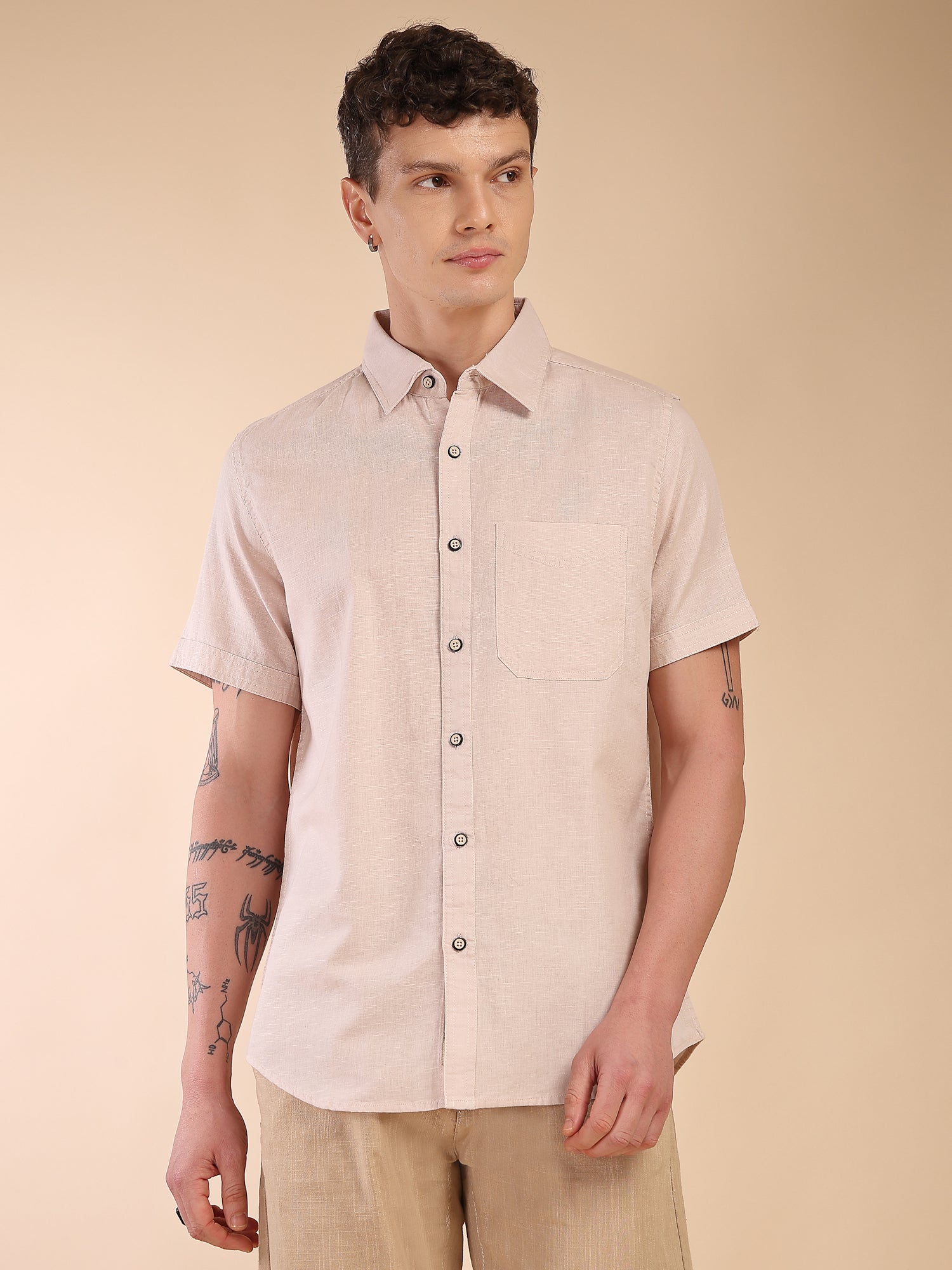 Thomas Scott Men Beige Regular Fit Short Sleeves Spread Collar Linen Casual Shirt
