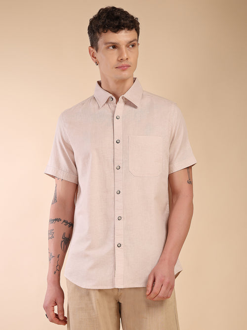 Thomas Scott Men Beige Regular Fit Short Sleeves Spread Collar Linen Casual Shirt