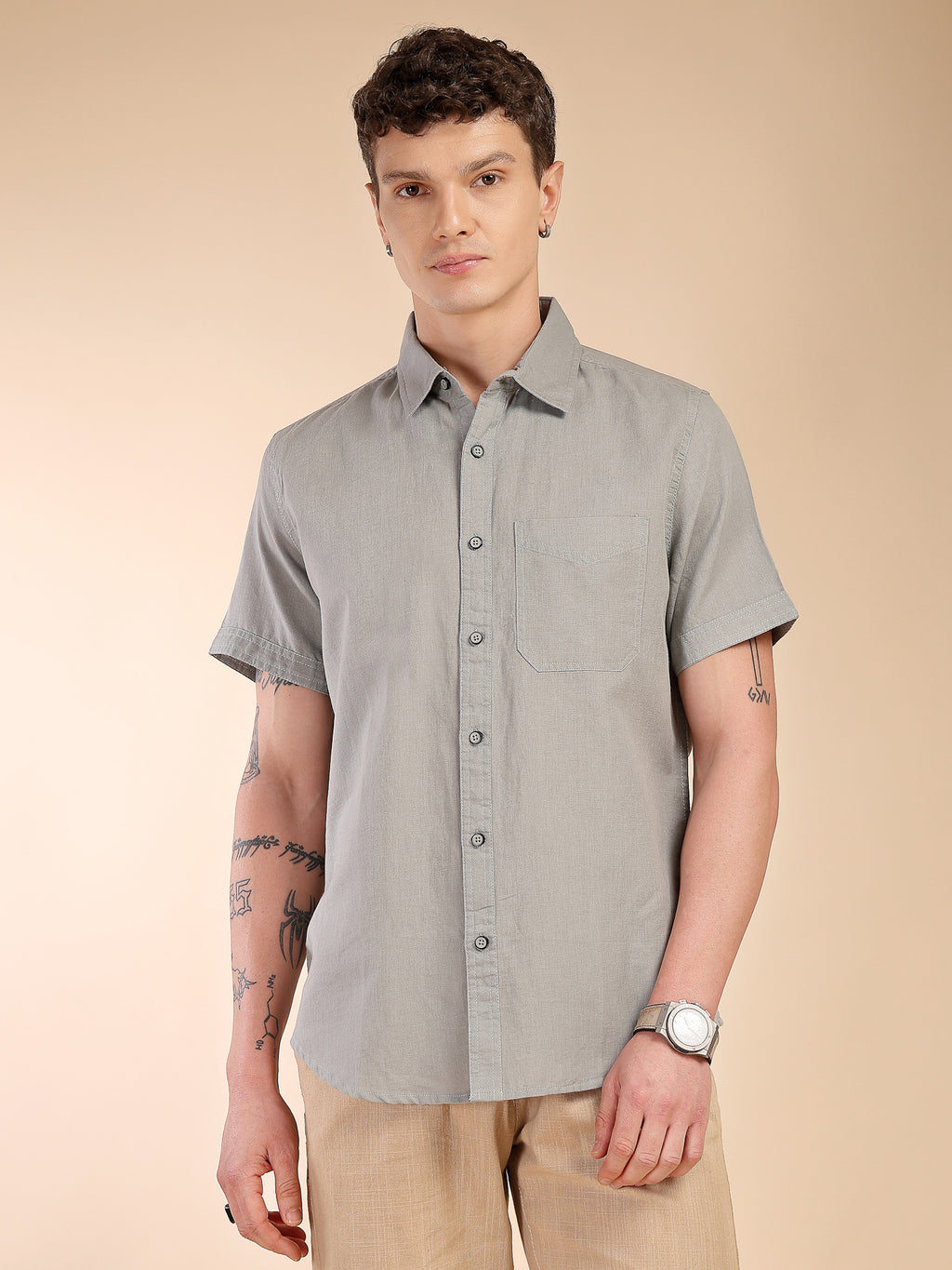 Thomas Scott Men Grey Regular Fit Short Sleeves Spread Collar Linen Casual Shirt