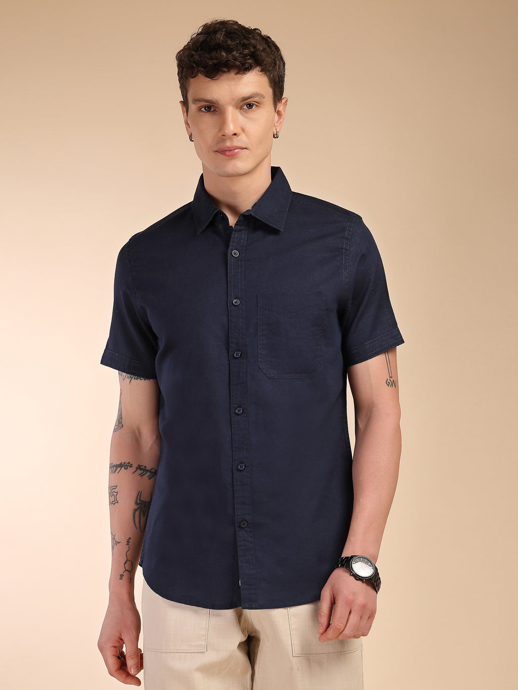 Thomas Scott Men Navy Regular Fit Short Sleeves Spread Collar Linen Casual Shirt
