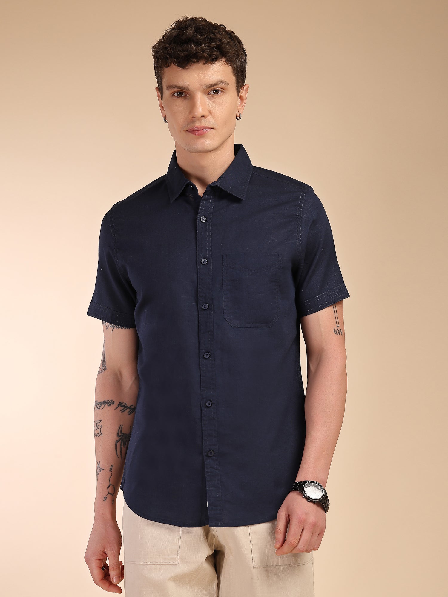 Thomas Scott Men Navy Regular Fit Short Sleeves Spread Collar Linen Casual Shirt