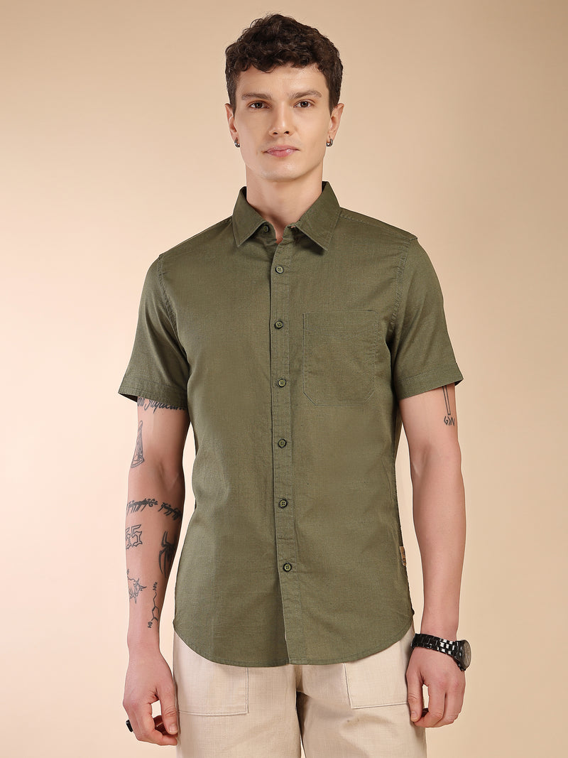 Thomas Scott Men Olive Regular Fit Short Sleeves Spread Collar Linen Casual Shirt