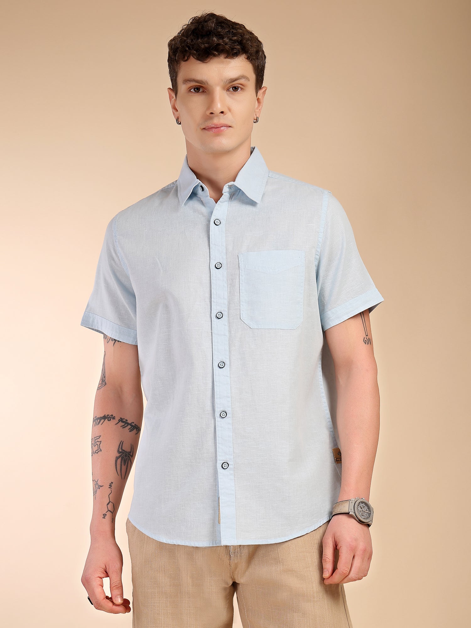 Thomas Scott Men Sky Blue Regular Fit Short Sleeves Spread Collar Linen Casual Shirt