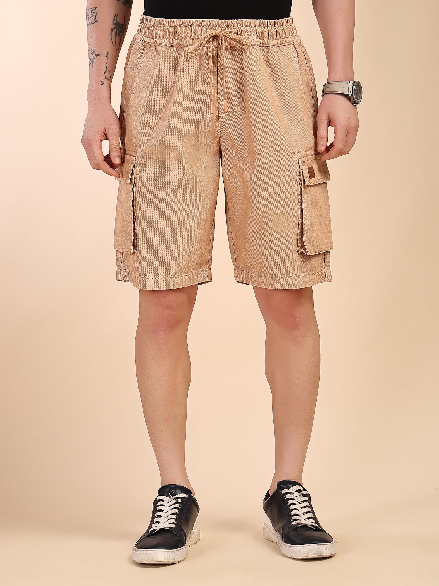 Thomas Scott Men Fawn Mid-Rise Straight Fit Above Knee Cotton Woven Cargo Shorts
