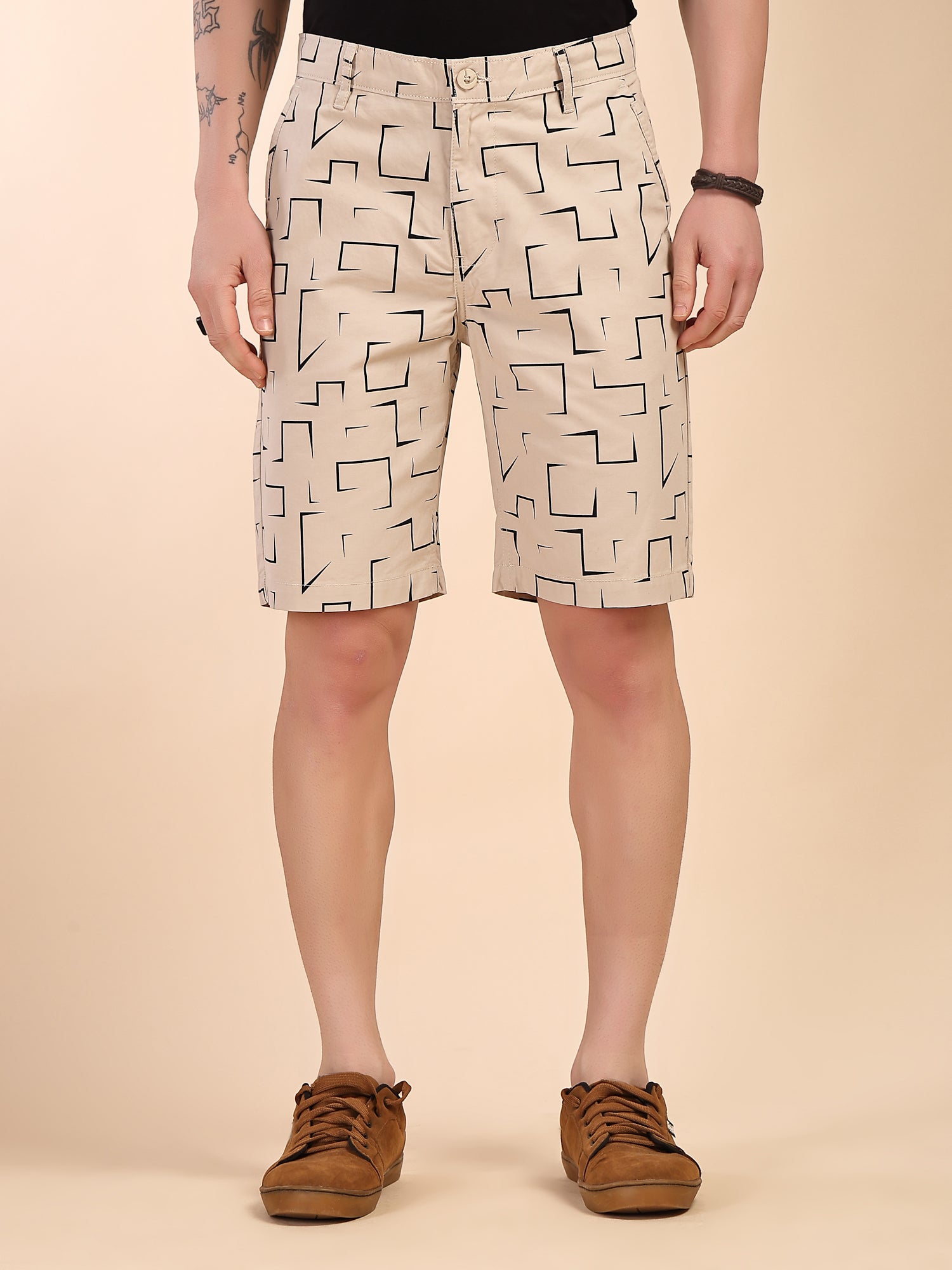 Thomas Scott Men Beige Mid-Rise Regular Fit Geometric Print Cotton Woven Chinos Shorts