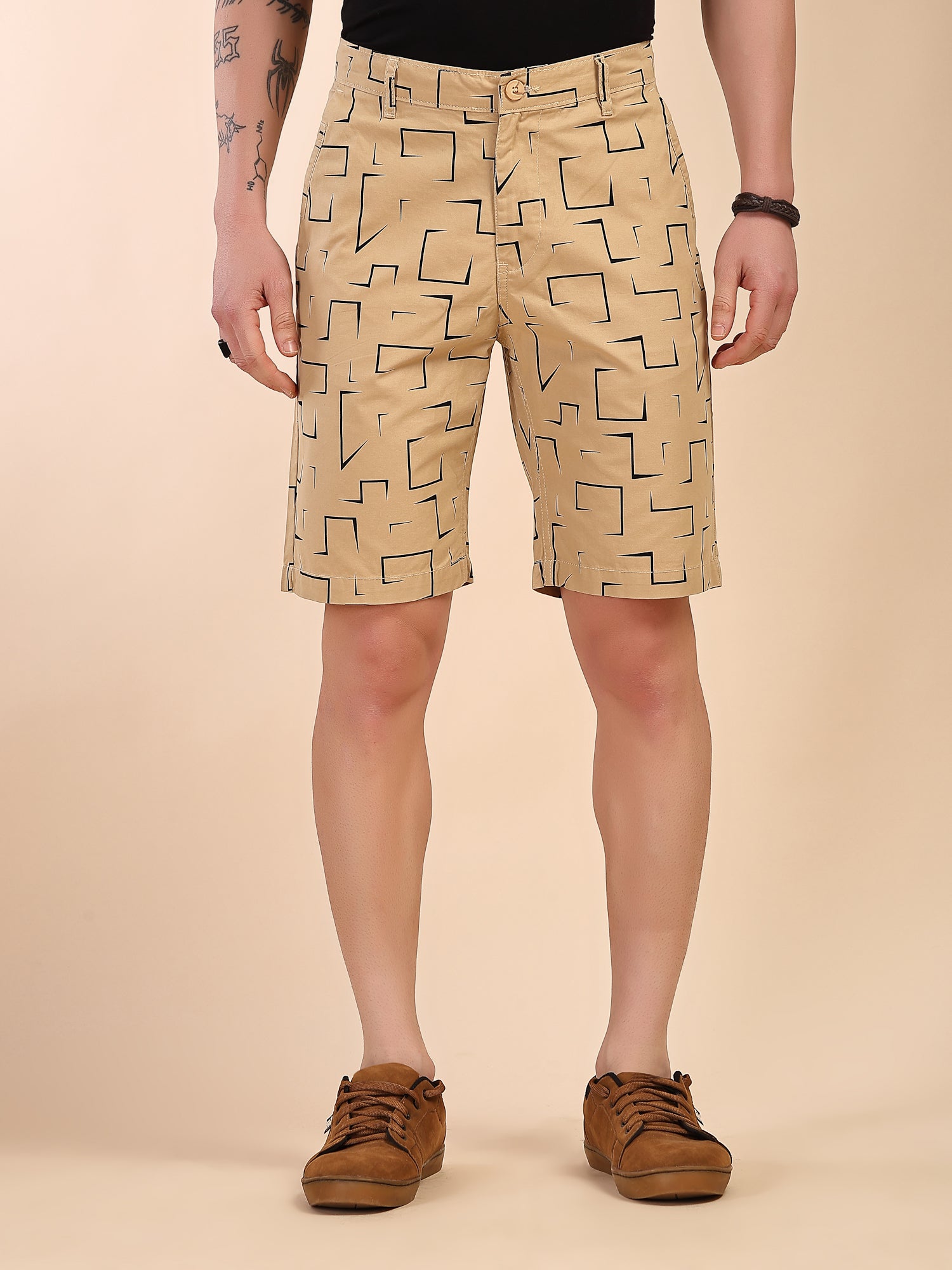 Thomas Scott Men Khaki Mid-Rise Regular Fit Geometric Print Cotton Woven Chinos Shorts