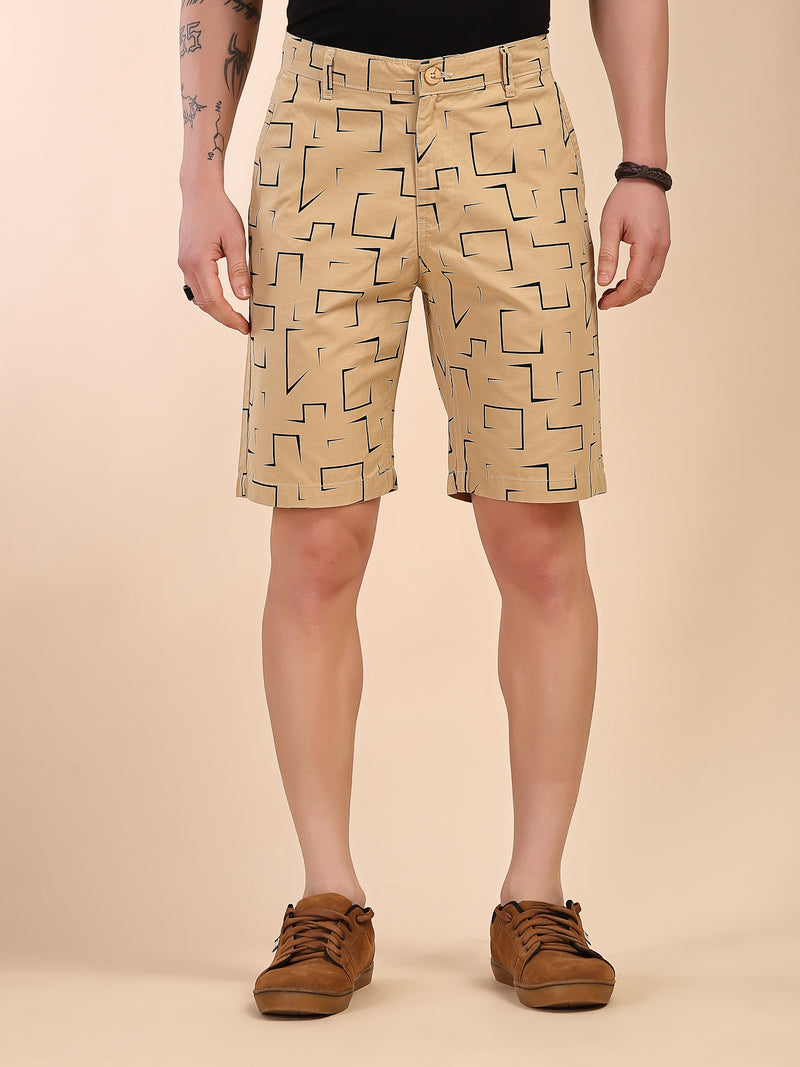 Thomas Scott Men Khaki Mid-Rise Regular Fit Geometric Print Cotton Woven Chinos Shorts