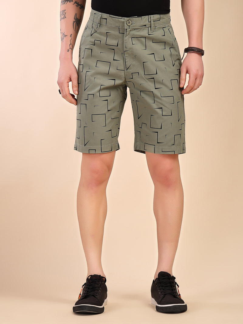 Thomas Scott Men Mint Mid-Rise Regular Fit Geometric Print Cotton Woven Chinos Shorts