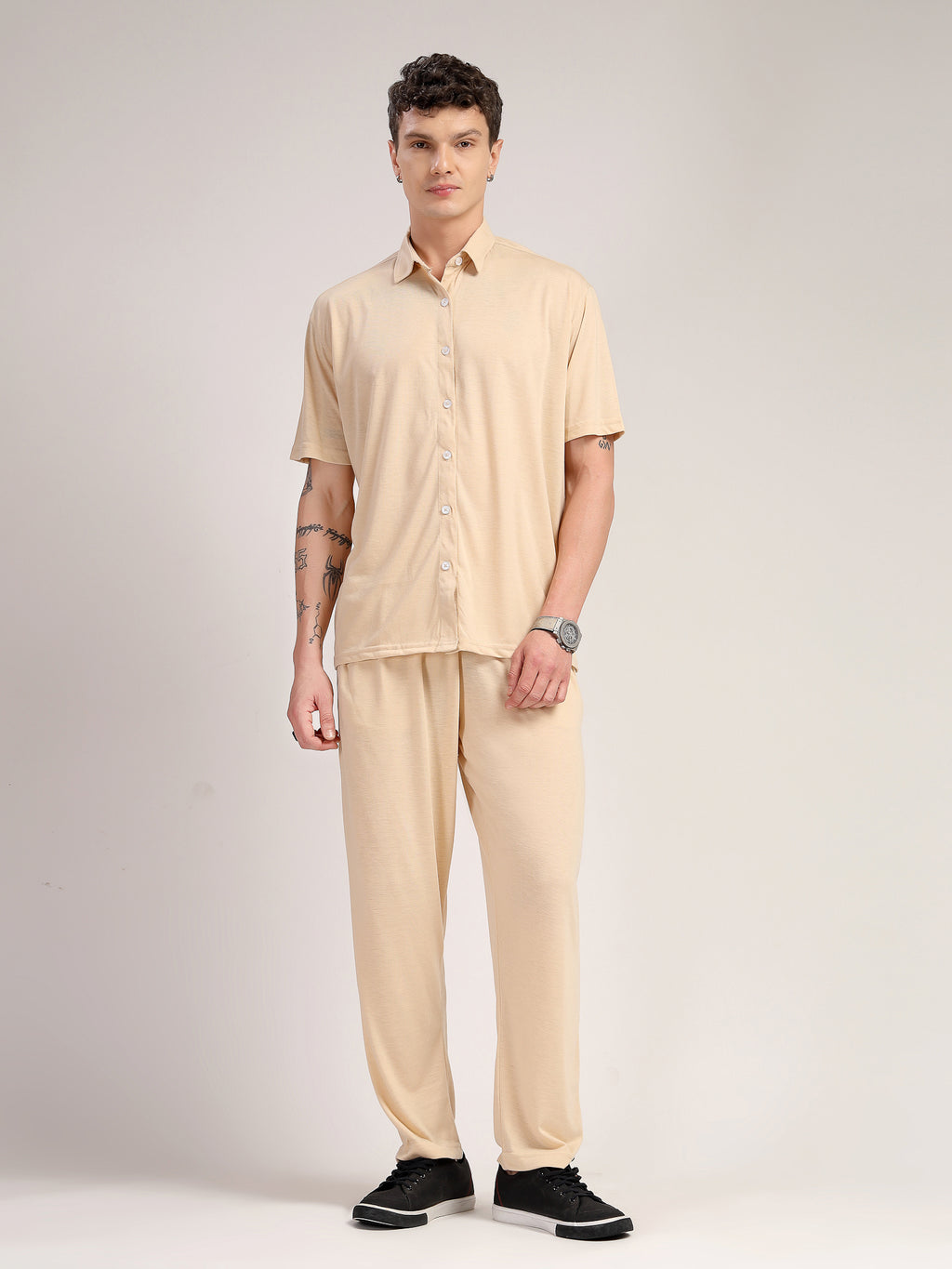 Thomas Scott Men Beige Relaxed Fit Solid Polyester Co-Ords Set