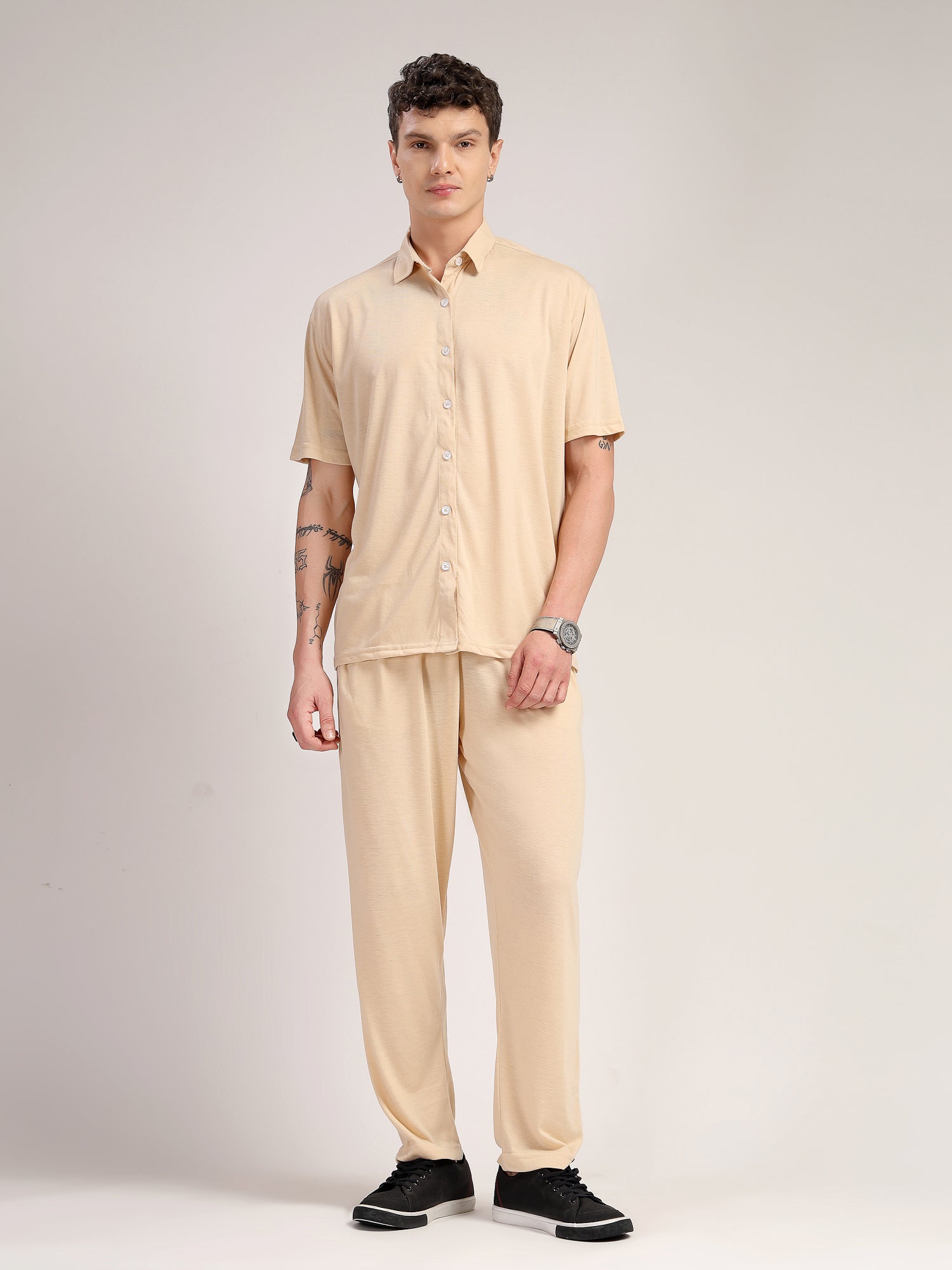 Thomas Scott Men Beige Relaxed Fit Solid Polyester Co-Ords Set