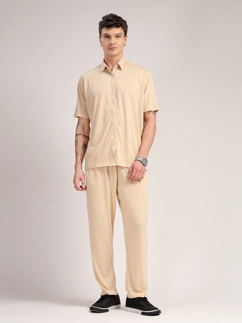 Thomas Scott Men Beige Relaxed Fit Solid Polyester Co-Ords Set