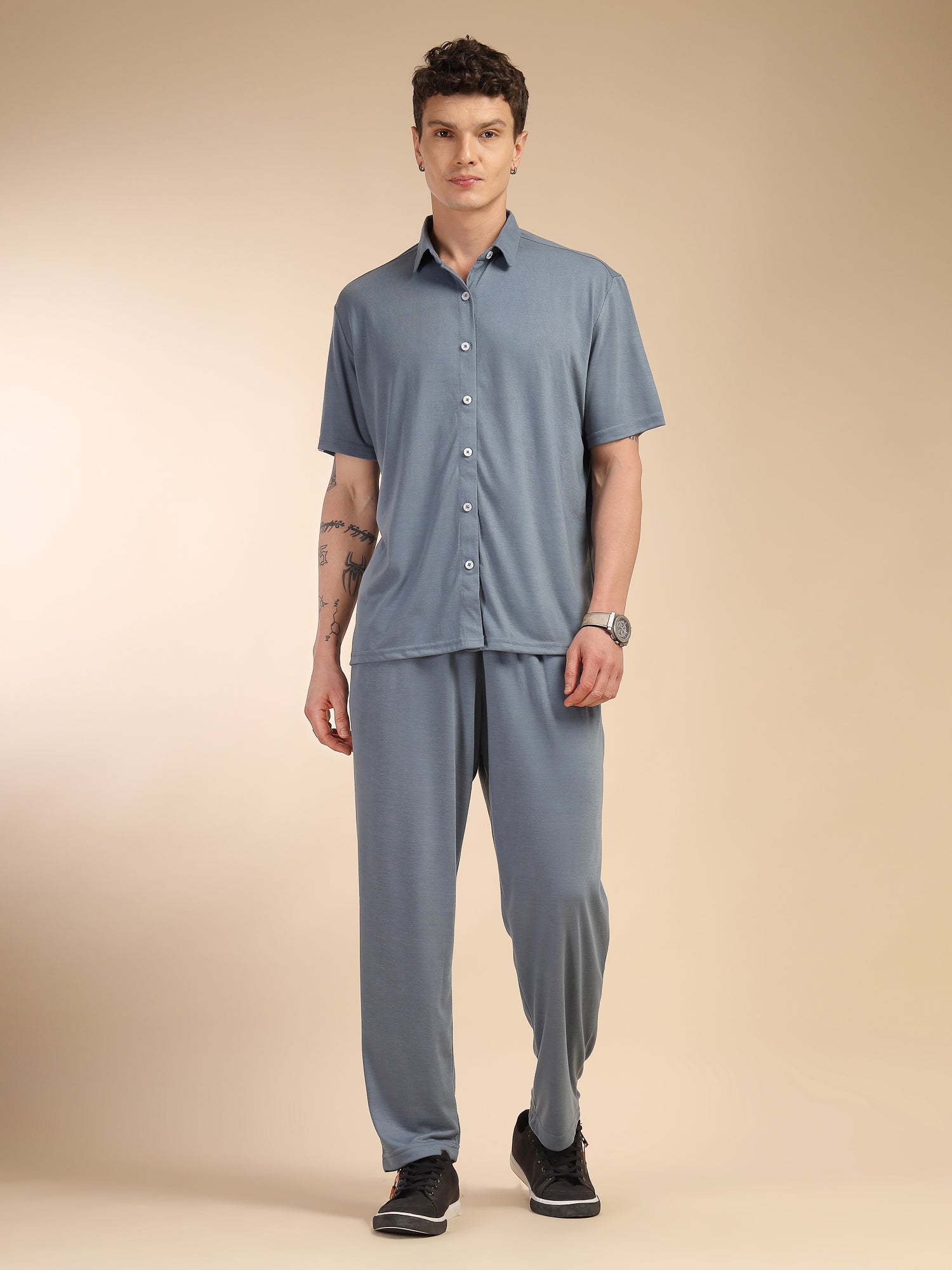 Thomas Scott Men Blue Relaxed Fit Solid Polyester Co-Ords Set