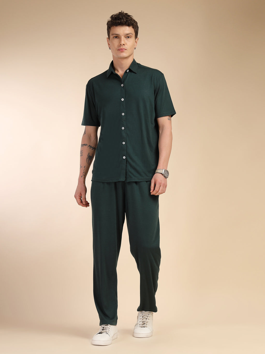 Thomas Scott Men Bottle Green Relaxed Fit Solid Polyester Co-Ords Set