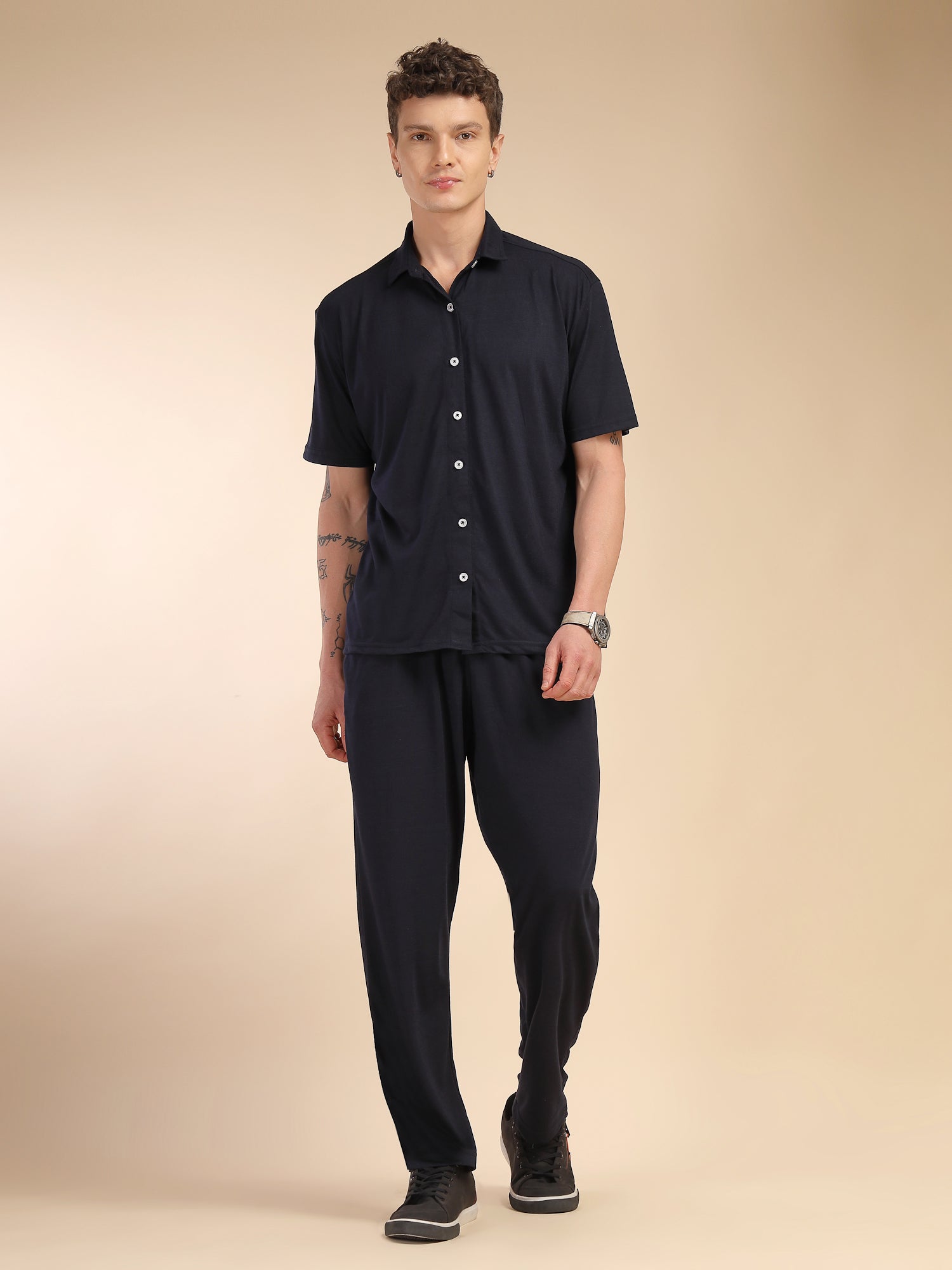 Thomas Scott Men Navy Relaxed Fit Solid Polyester Co-Ords Set