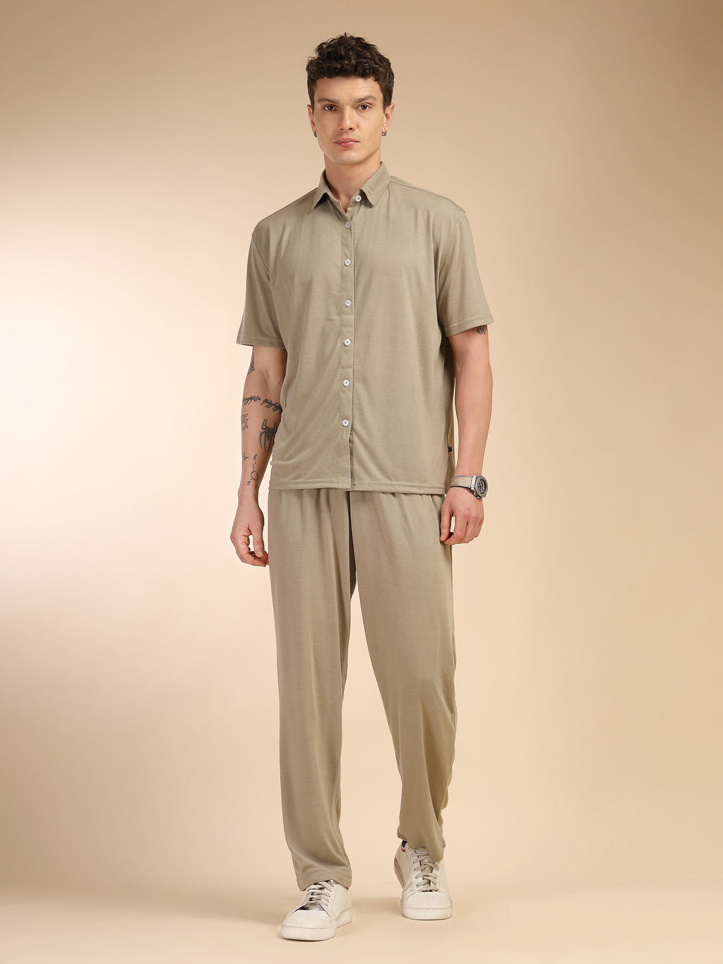 Thomas Scott Men Sage Green Relaxed Fit Solid Polyester Co-Ords Set