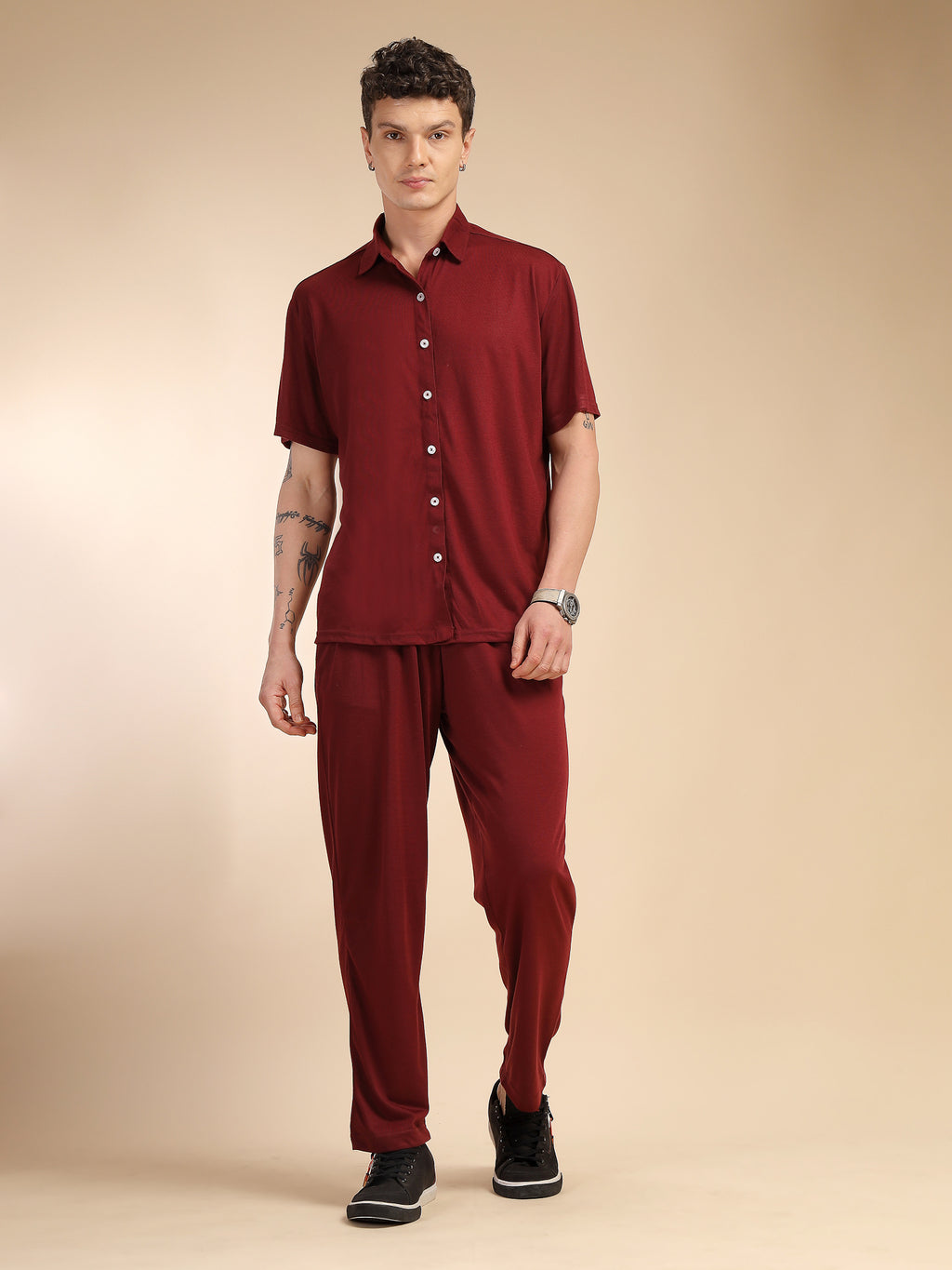 Thomas Scott Men Wine Relaxed Fit Solid Polyester Co-Ords Set