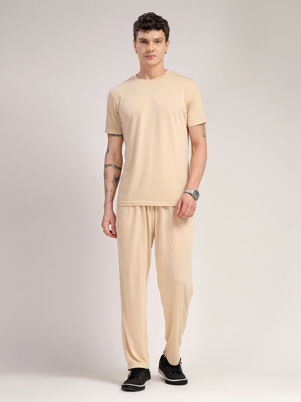 Thomas Scott Men Beige Round Neck Relaxed Fit Solid Polyester Co-Ords Set