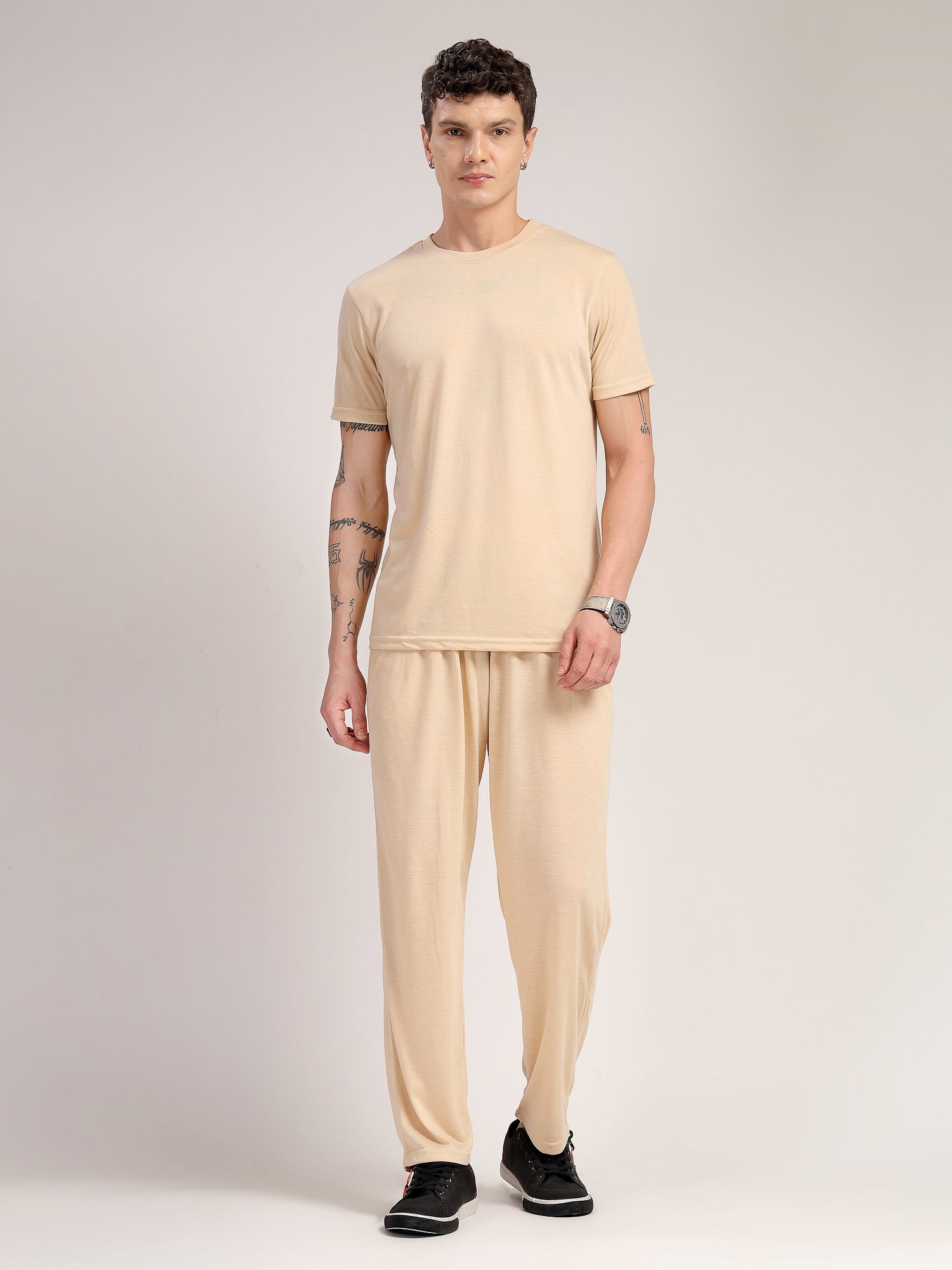 Thomas Scott Men Beige Round Neck Relaxed Fit Solid Polyester Co-Ords Set
