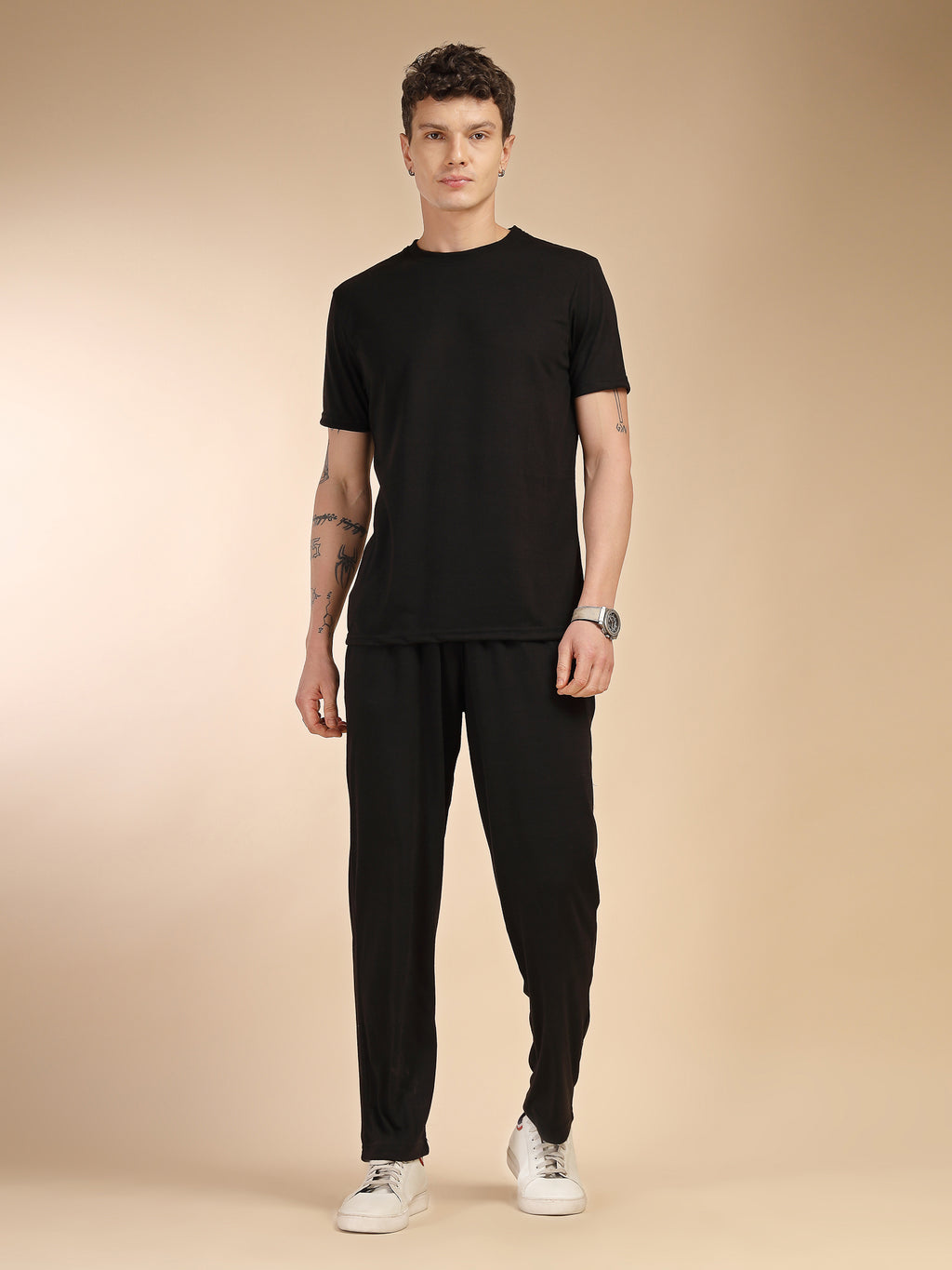 Thomas Scott Men Black Round Neck Relaxed Fit Solid Polyester Co-Ords Set