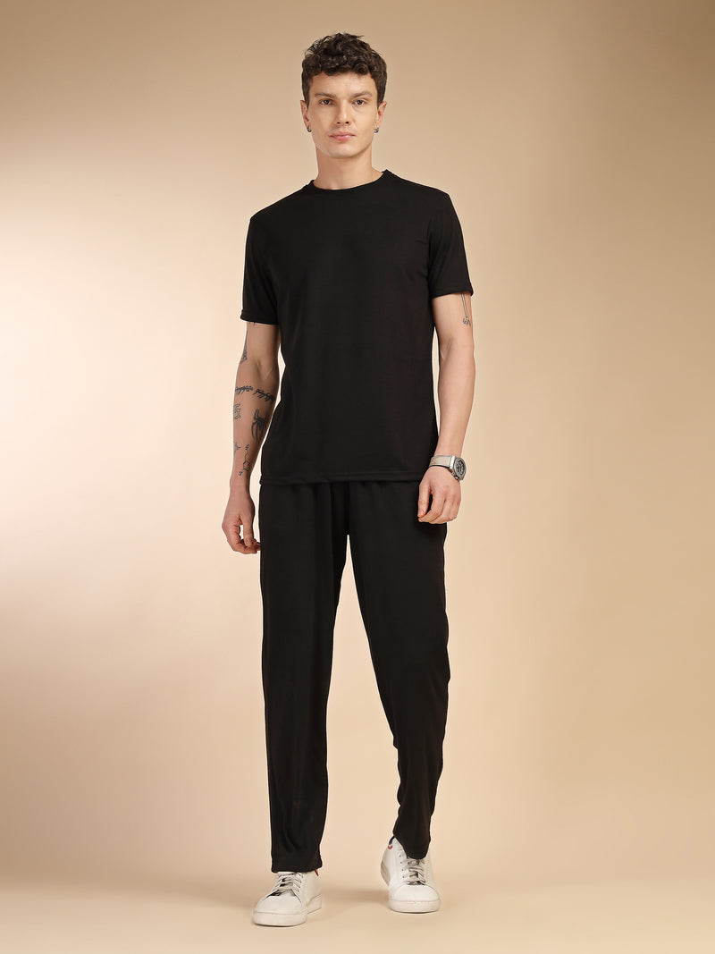 Thomas Scott Men Black Round Neck Relaxed Fit Solid Polyester Co-Ords Set