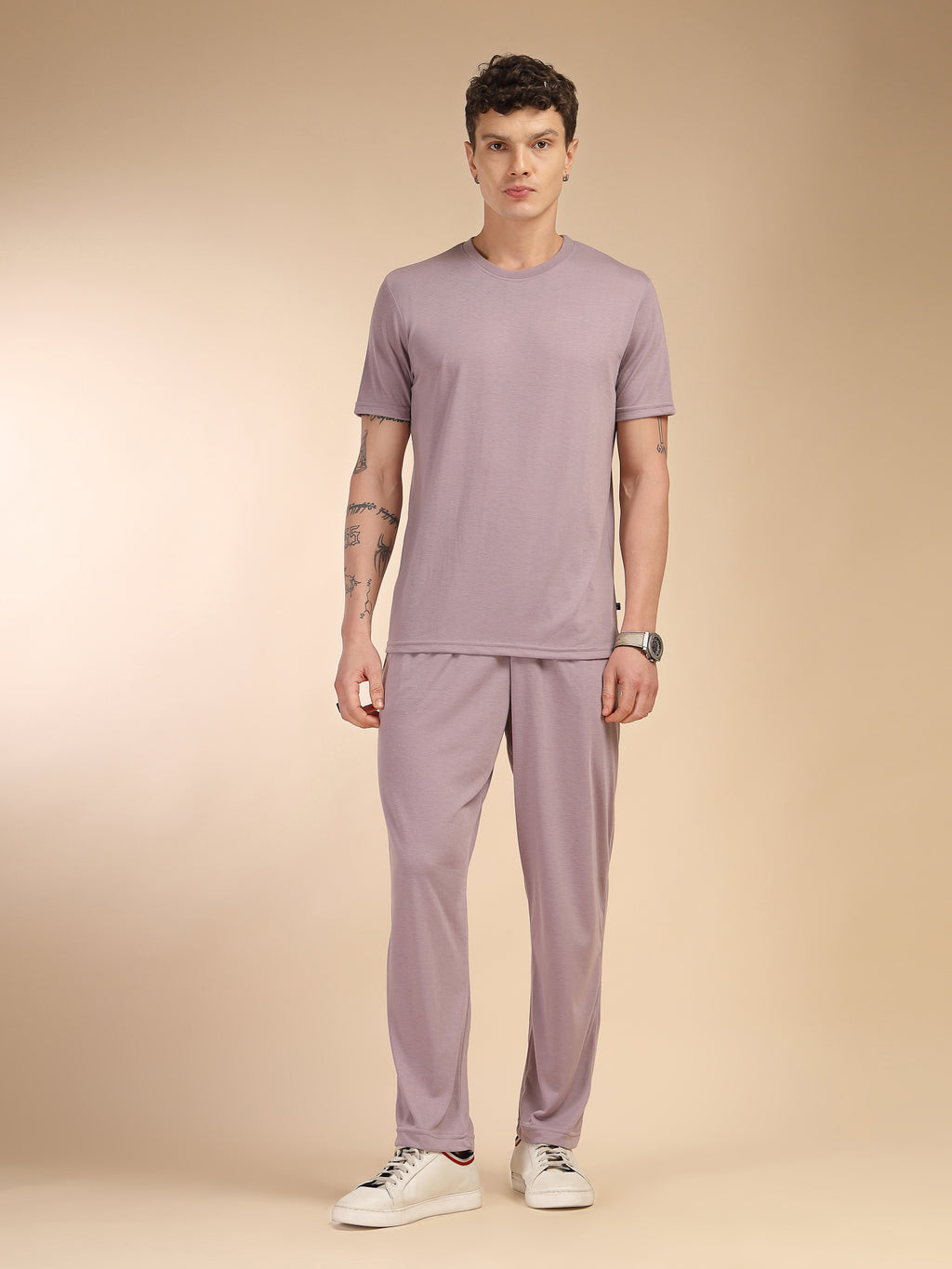 Thomas Scott Men Lilac Round Neck Relaxed Fit Solid Polyester Co-Ords Set