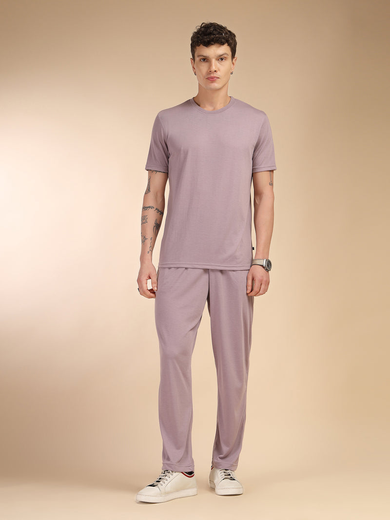Thomas Scott Men Lilac Round Neck Relaxed Fit Solid Polyester Co-Ords Set