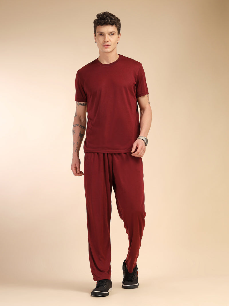 Thomas Scott Men Wine Round Neck Relaxed Fit Solid Polyester Co-Ords Set