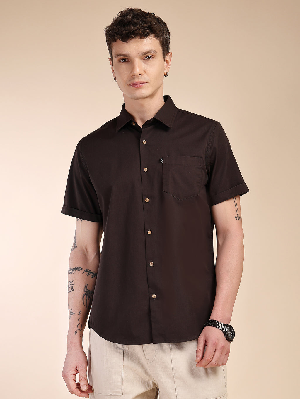 Thomas Scott Men Coffee Slim Fit Short Sleeves Spread Collar Solid Casual Shirt