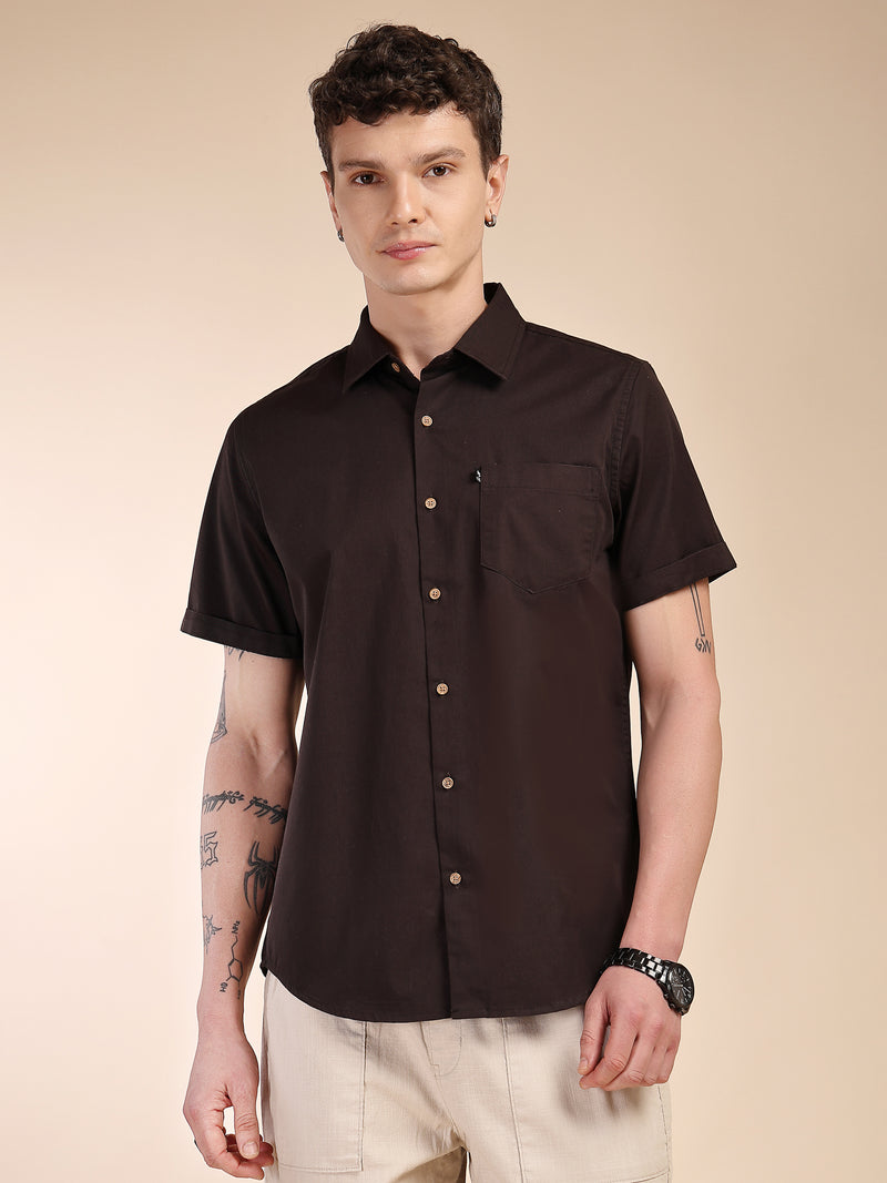 Thomas Scott Men Coffee Slim Fit Short Sleeves Spread Collar Solid Casual Shirt