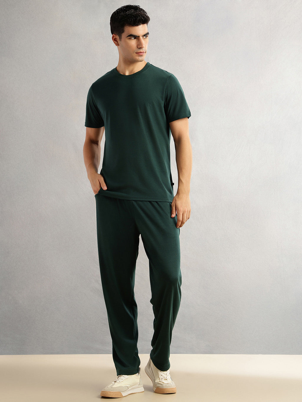Thomas Scott Men Bottle Green Round Neck Relaxed Fit Solid Polyester Co-Ords Set