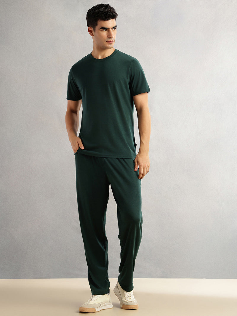 Thomas Scott Men Bottle Green Round Neck Relaxed Fit Solid Polyester Co-Ords Set