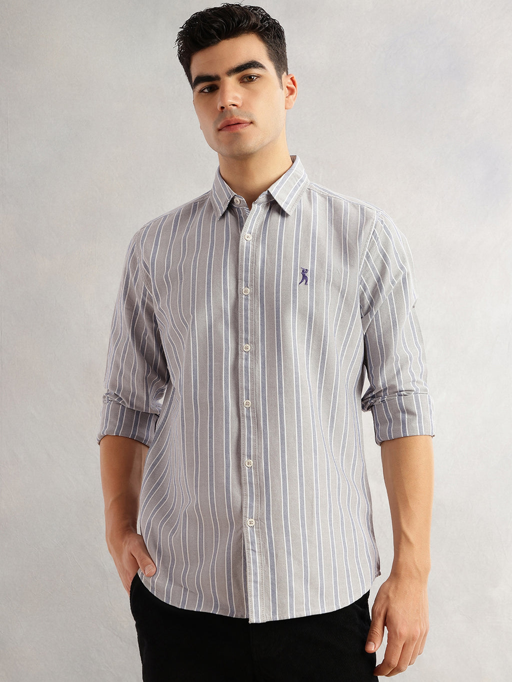 Thomas Scott Men Grey Slim Fit Long Sleeves Vertical Stripes Spread Collar 100% Cotton Oxford Casual Shirt