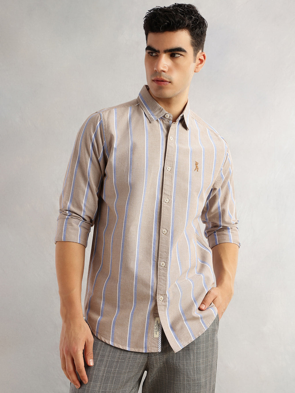 Thomas Scott Men Beige Slim Fit Long Sleeves Spread Collar 100% Cotton Oxford Casual Shirt