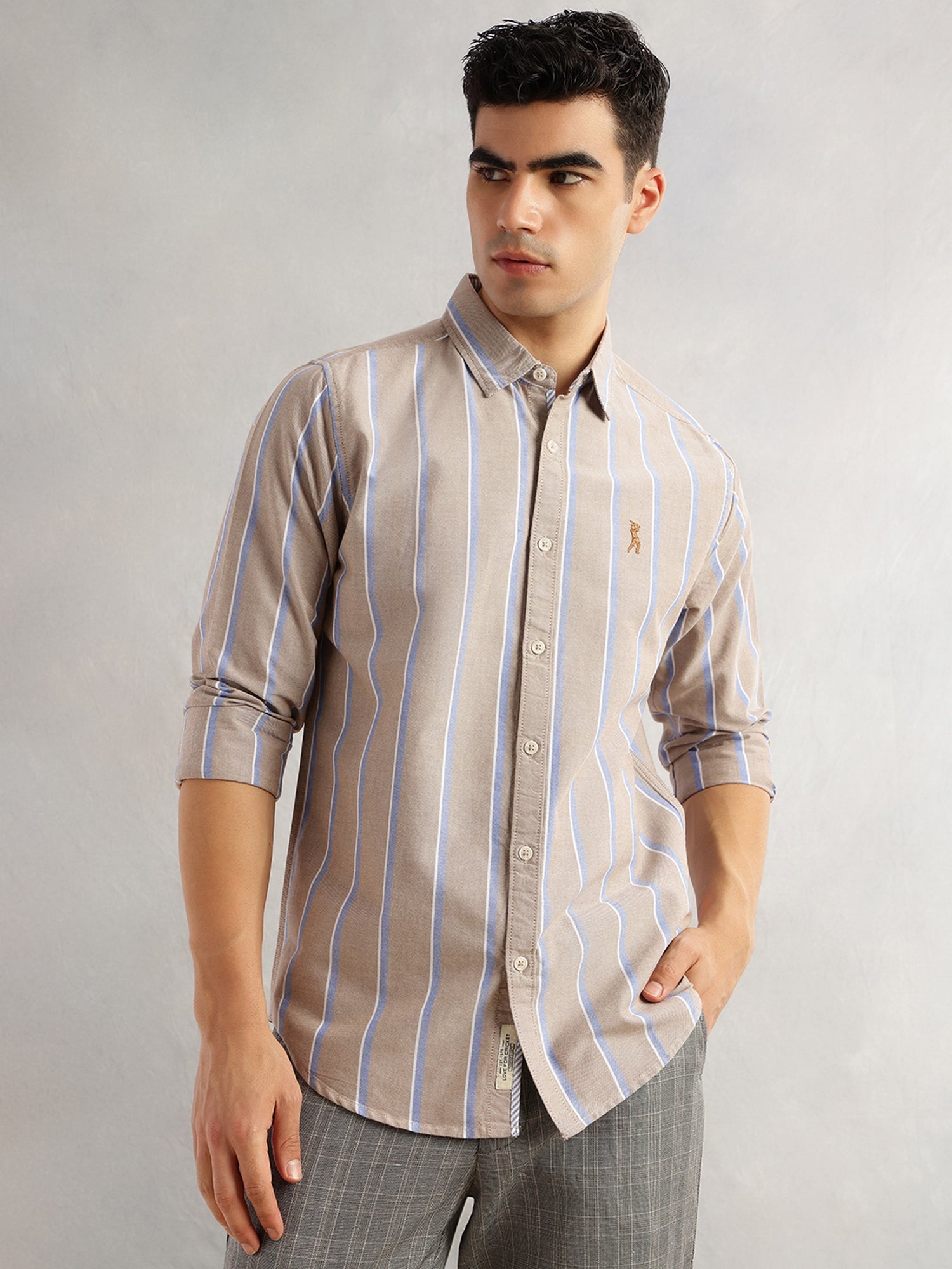 Thomas Scott Men Beige Slim Fit Long Sleeves Spread Collar 100% Cotton Oxford Casual Shirt