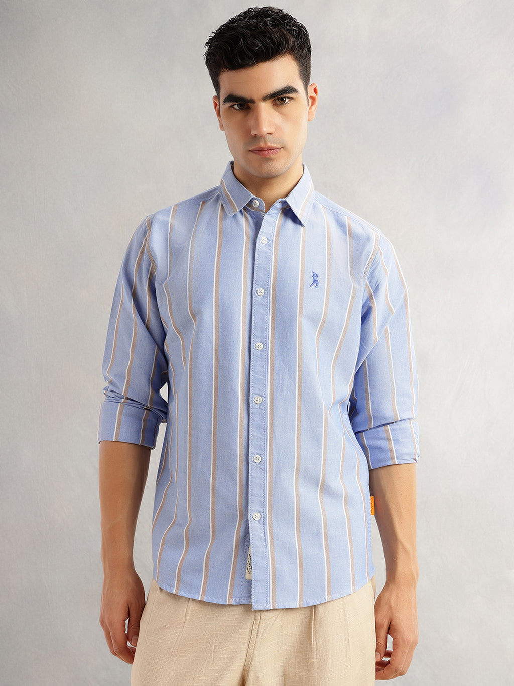 Thomas Scott Men Blue Slim Fit Long Sleeves Spread Collar 100% Cotton Oxford Casual Shirt