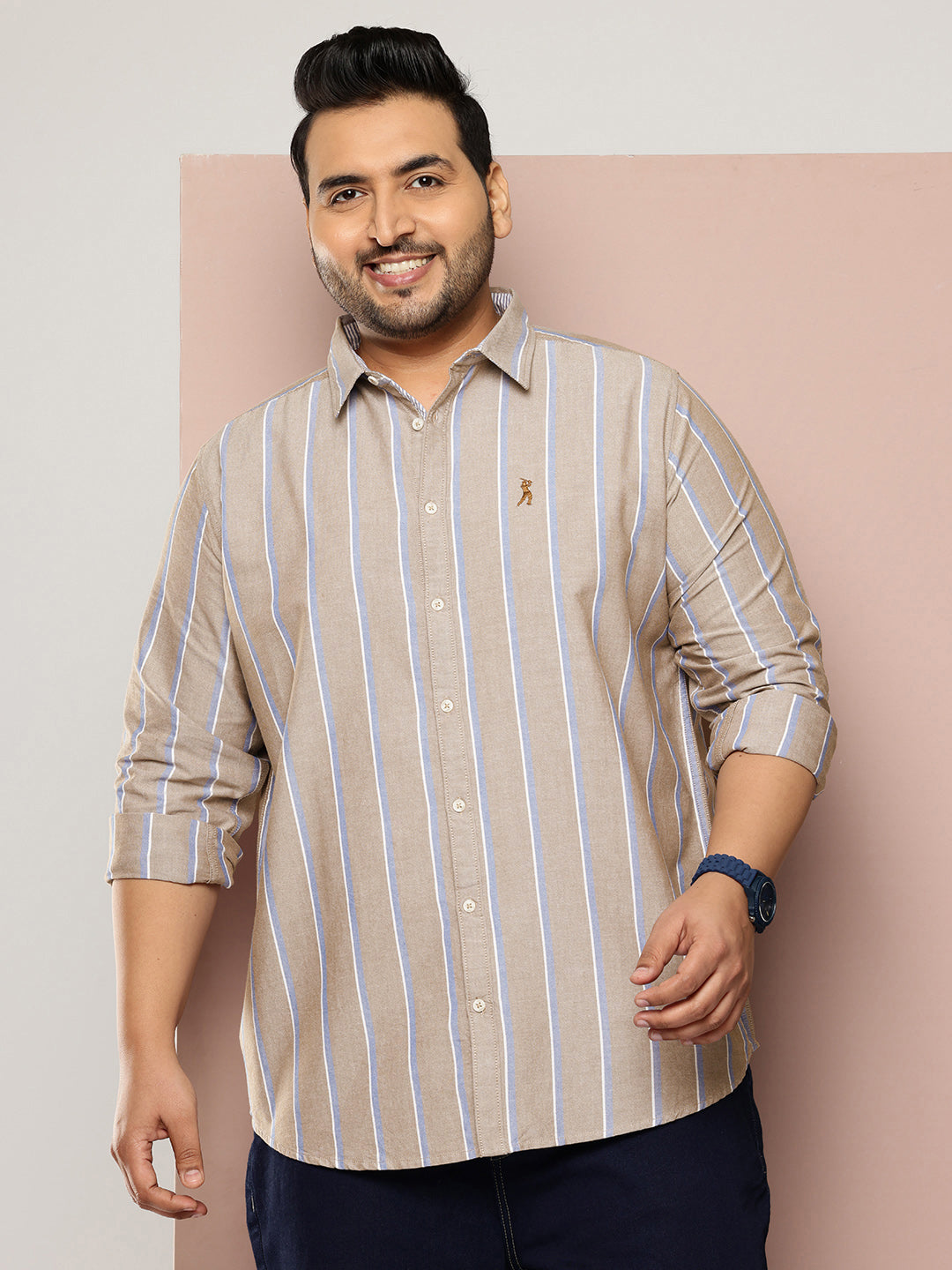 Thomas Scott Men Beige Plus Size Regular Fit Long Sleeves Spread Collar 100% Cotton Oxford Casual Shirt