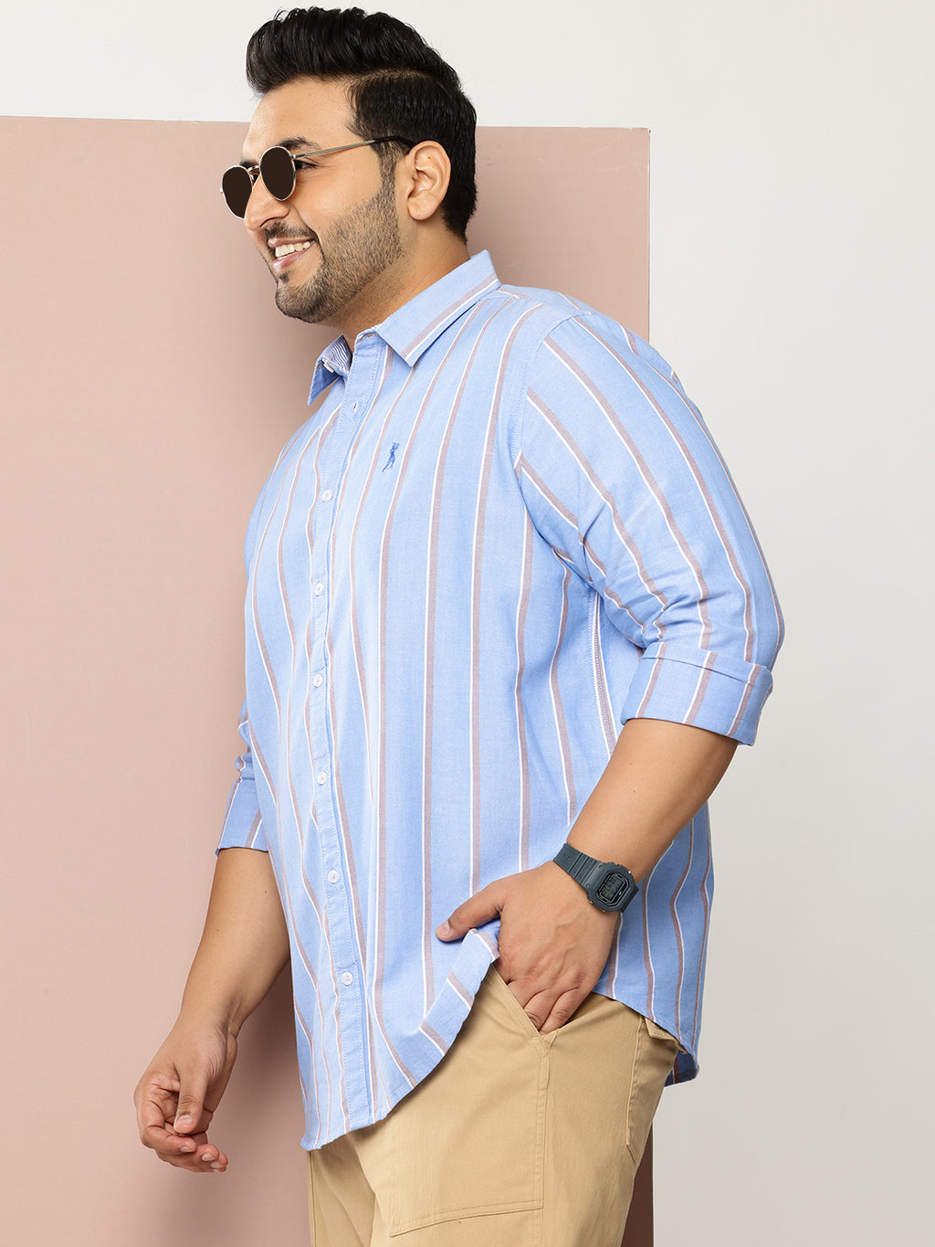 Thomas Scott Men Blue Plus Size Regular Fit Long Sleeves Spread Collar 100% Cotton Oxford Casual Shirt