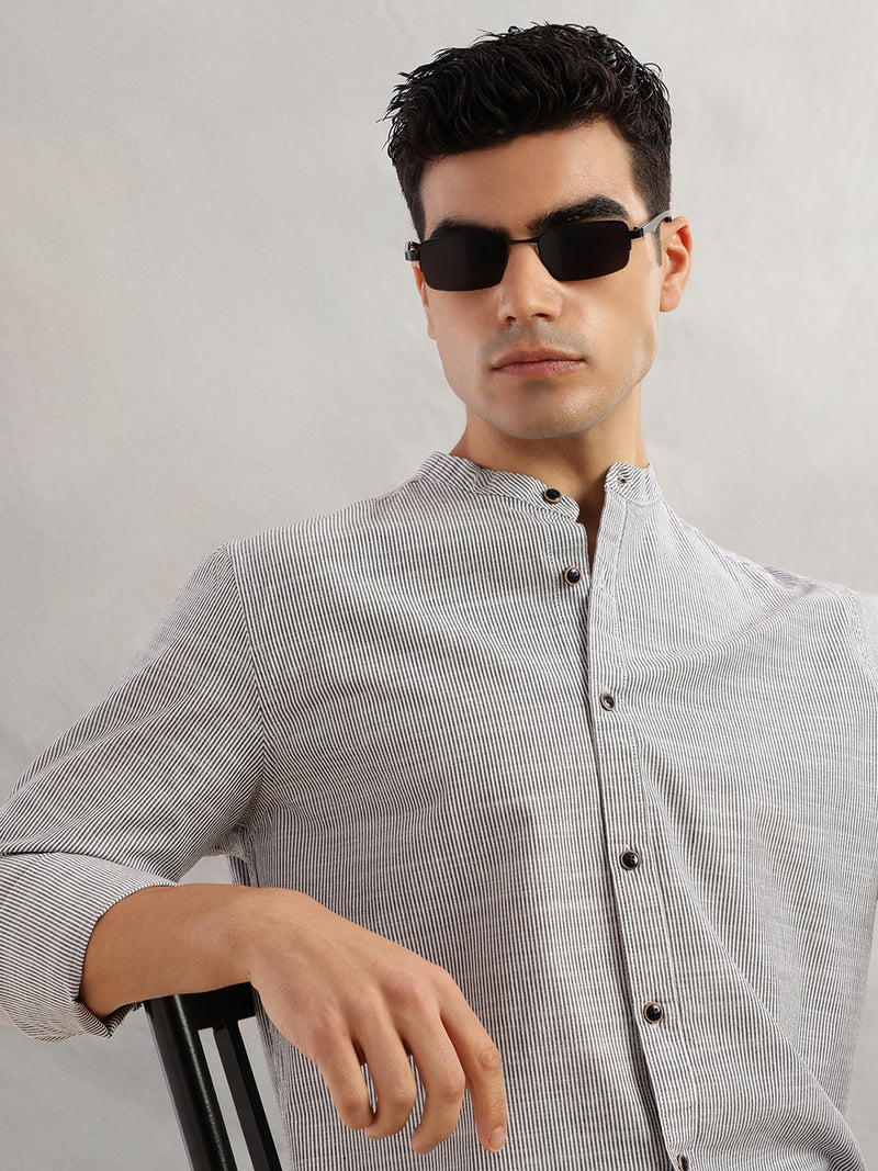 Thomas Scott Men Black Slim Fit Long Sleeves Mandarin Collar Pinstripes Cotton Linen Casual Shirt
