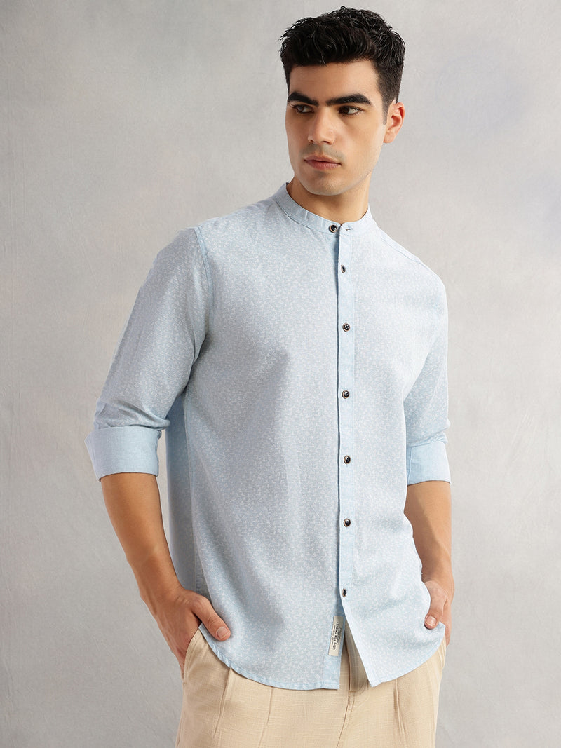 Thomas Scott Men Blue Slim Fit Long Sleeves Mandarin Collar Conversational Printed Cotton Linen Casual Shirt